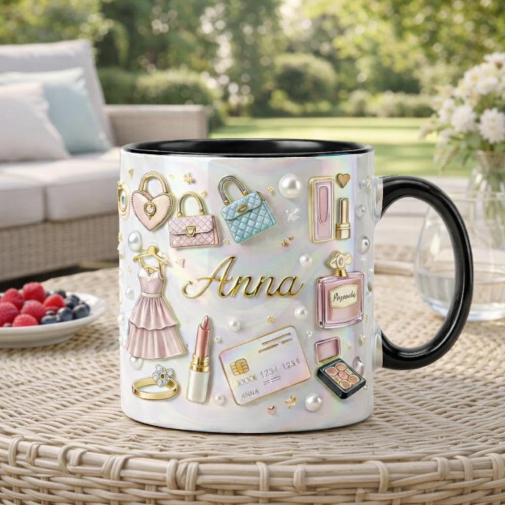 Personalized Fashion Mug | Custom Name Luxury Coffee Cup | Designer Style Mug for Her, Girly Aesthetic Gift, Chic Pink Mug