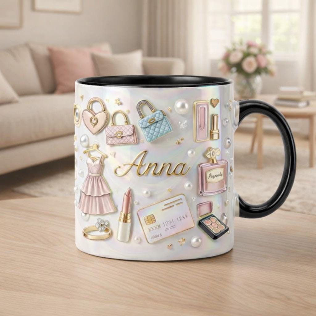 Personalized Fashion Mug | Custom Name Luxury Coffee Cup | Designer Style Mug for Her, Girly Aesthetic Gift, Chic Pink Mug