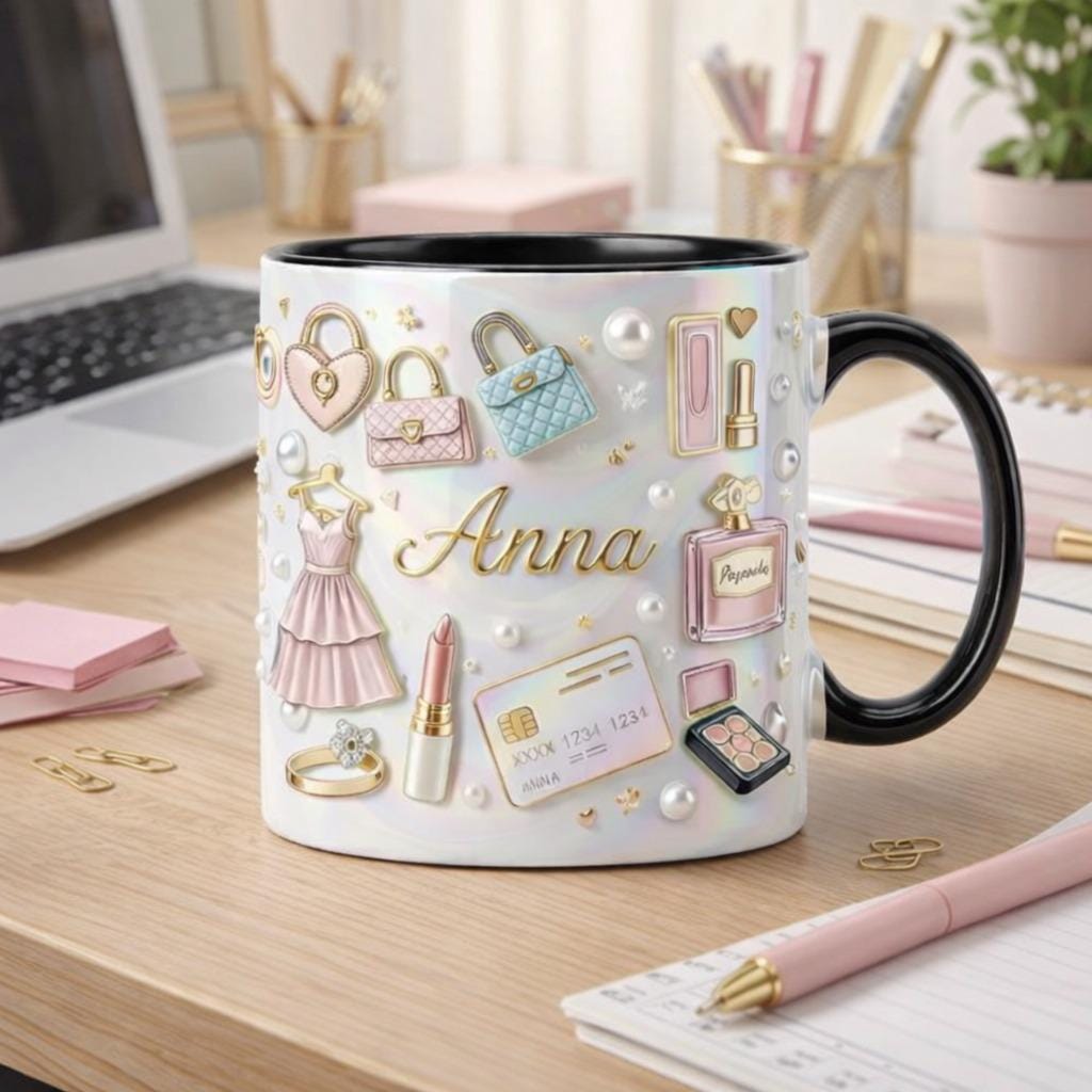 Personalized Fashion Mug | Custom Name Luxury Coffee Cup | Designer Style Mug for Her, Girly Aesthetic Gift, Chic Pink Mug