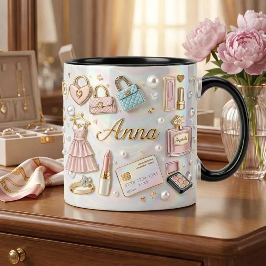 Personalized Fashion Mug | Custom Name Luxury Coffee Cup | Designer Style Mug for Her, Girly Aesthetic Gift, Chic Pink Mug