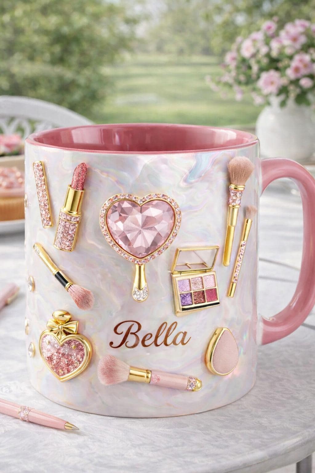 Personalized Makeup Mug | Custom Name Beauty Coffee Cup | Pink Iridescent Mug for Her, Makeup Lover Gift, Girly Aesthetic Mug