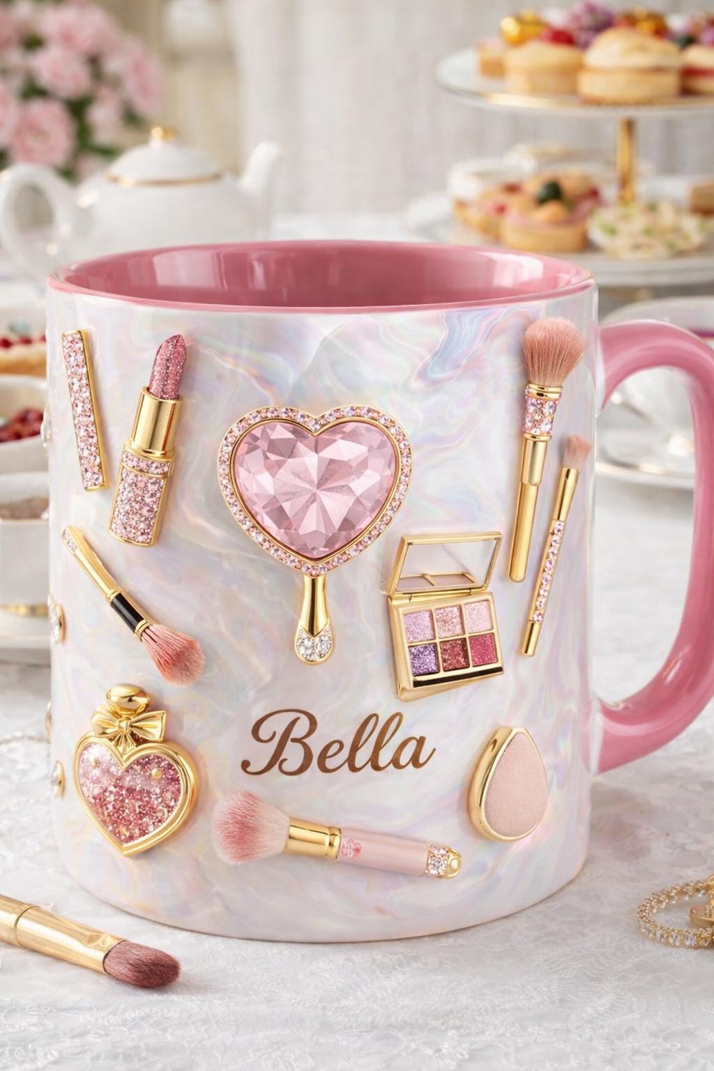 Personalized Makeup Mug | Custom Name Beauty Coffee Cup | Pink Iridescent Mug for Her, Makeup Lover Gift, Girly Aesthetic Mug