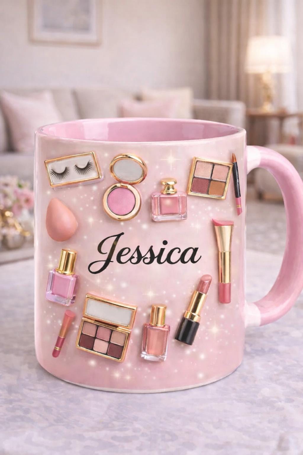 Personalized Makeup Mug with Name | Custom Beauty Coffee Cup | Pink Cosmetic Mug Gift for Her, Makeup Lover Gift