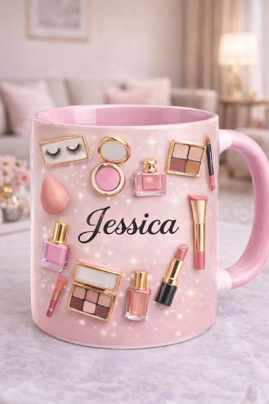 Personalized Makeup Mug with Name | Custom Beauty Coffee Cup | Pink Cosmetic Mug Gift for Her, Makeup Lover Gift