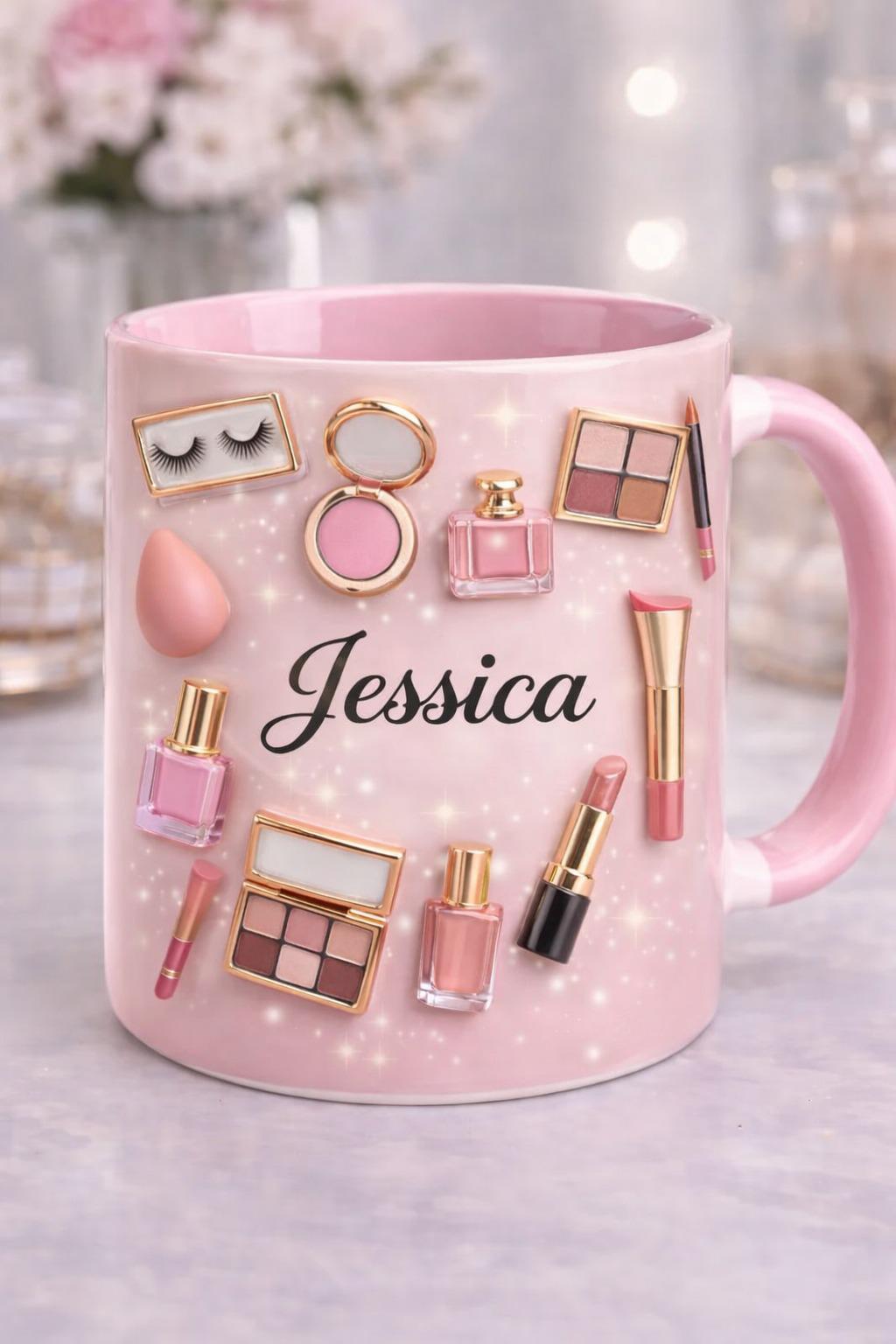 Personalized Makeup Mug with Name | Custom Beauty Coffee Cup | Pink Cosmetic Mug Gift for Her, Makeup Lover Gift