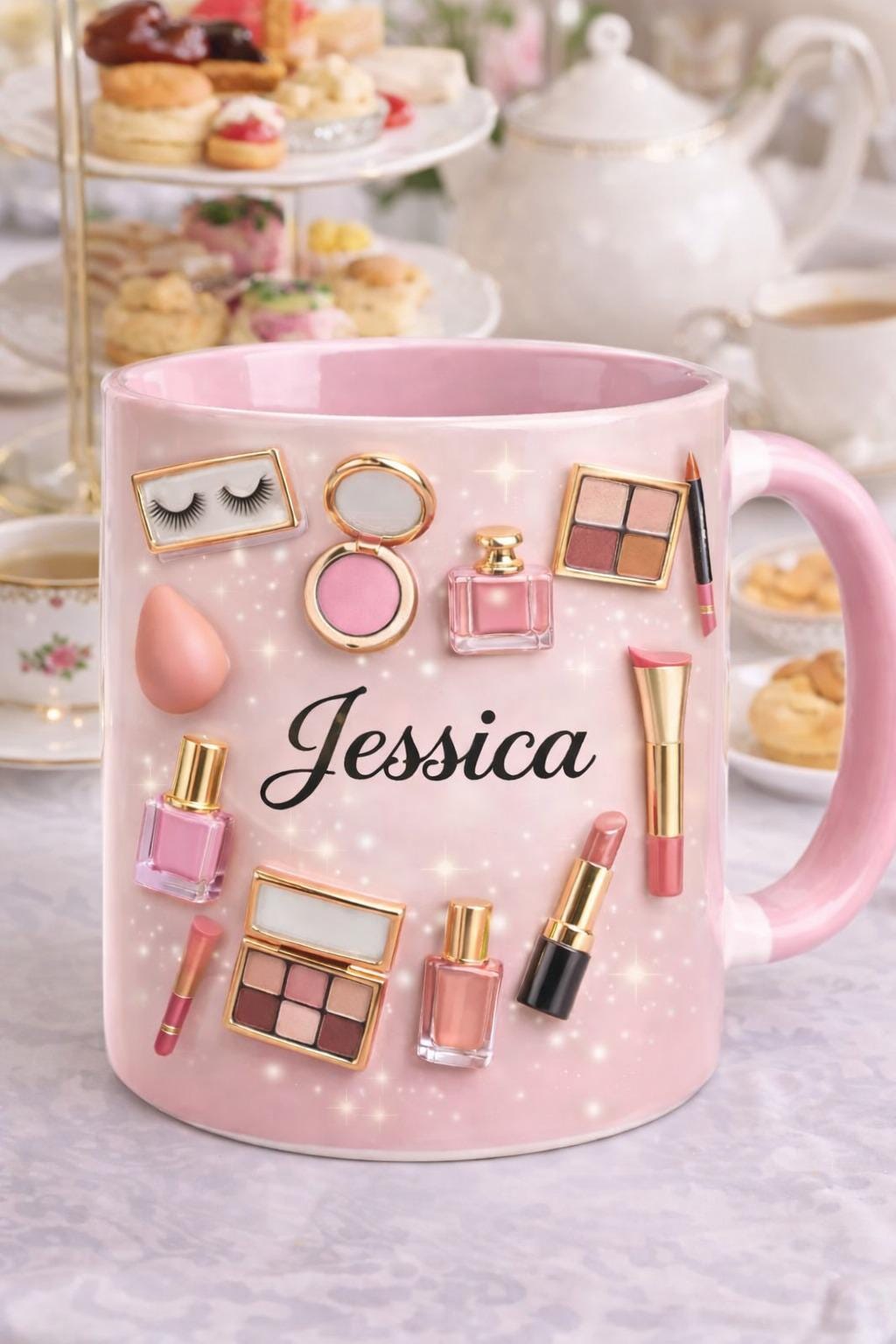 Personalized Makeup Mug with Name | Custom Beauty Coffee Cup | Pink Cosmetic Mug Gift for Her, Makeup Lover Gift