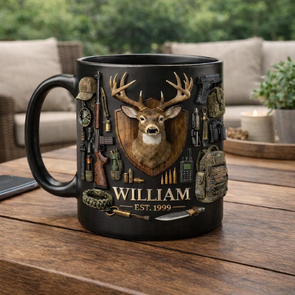Personalized Deer Hunting Mug with Name | Custom Hunting Coffee Cup for Men | Buck Antler Tactical Gear Gift for Hunter