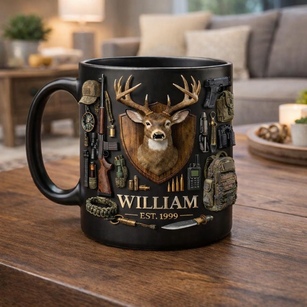 Personalized Deer Hunting Mug with Name | Custom Hunting Coffee Cup for Men | Buck Antler Tactical Gear Gift for Hunter