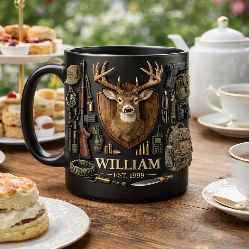 Personalized Deer Hunting Mug with Name | Custom Hunting Coffee Cup for Men | Buck Antler Tactical Gear Gift for Hunter