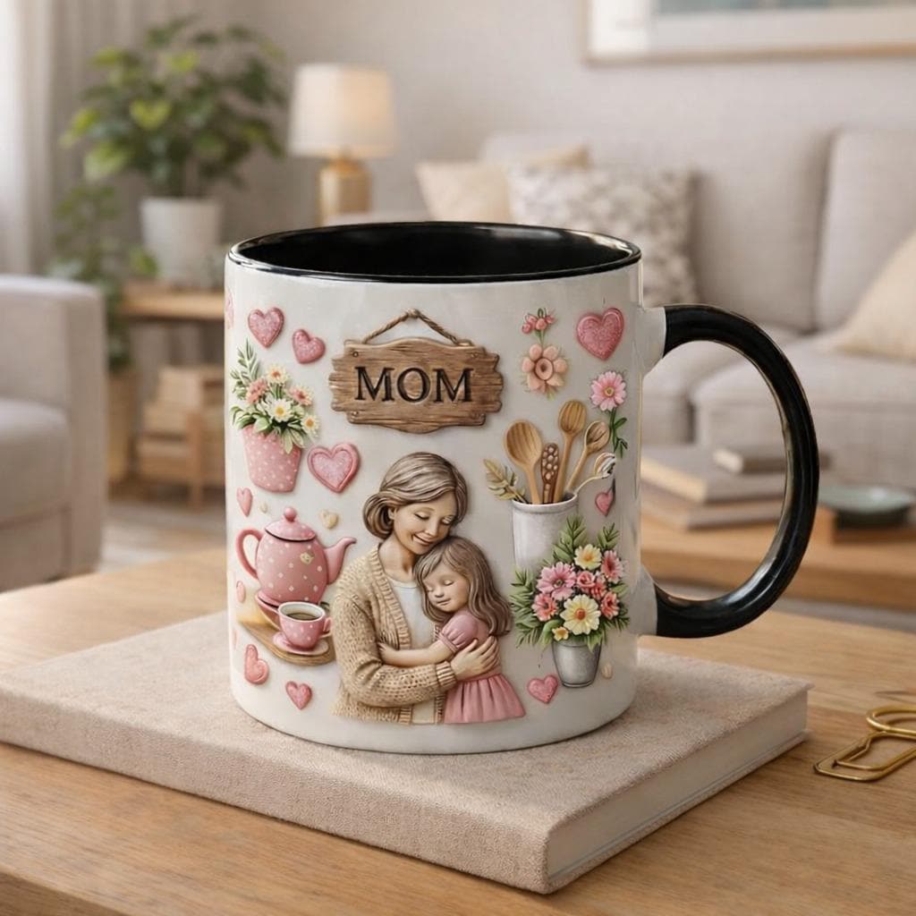 Personalized Mom Coffee Mug, Mother & Daughter Illustration, Heartwarming Gift for
