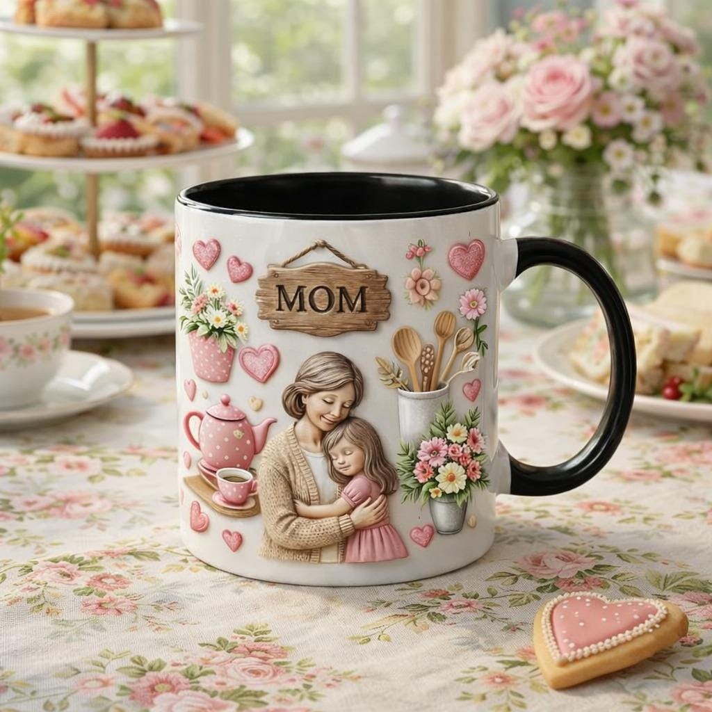 Personalized Mom Coffee Mug, Mother & Daughter Illustration, Heartwarming Gift for