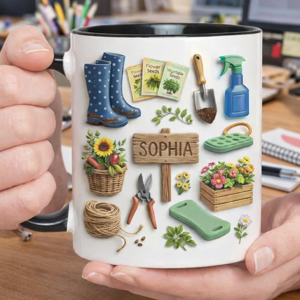 Personalized Gardening Mug, Custom Name Garden Tools Mug, Gardening Gift for Mom Grandma