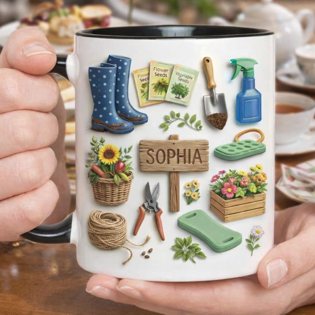 Personalized Gardening Mug, Custom Name Garden Tools Mug, Gardening Gift for Mom Grandma