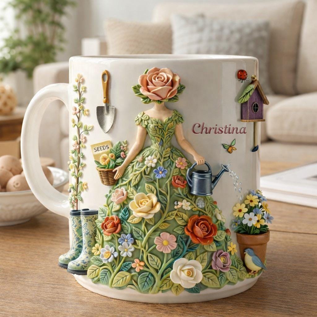 Personalized Garden Lady Mug, Custom Name Floral Dress Mug, Cottagecore Gardening Gift for Her