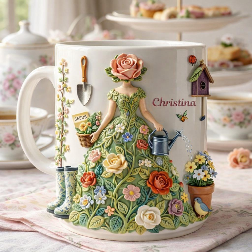 Personalized Garden Lady Mug, Custom Name Floral Dress Mug, Cottagecore Gardening Gift for Her