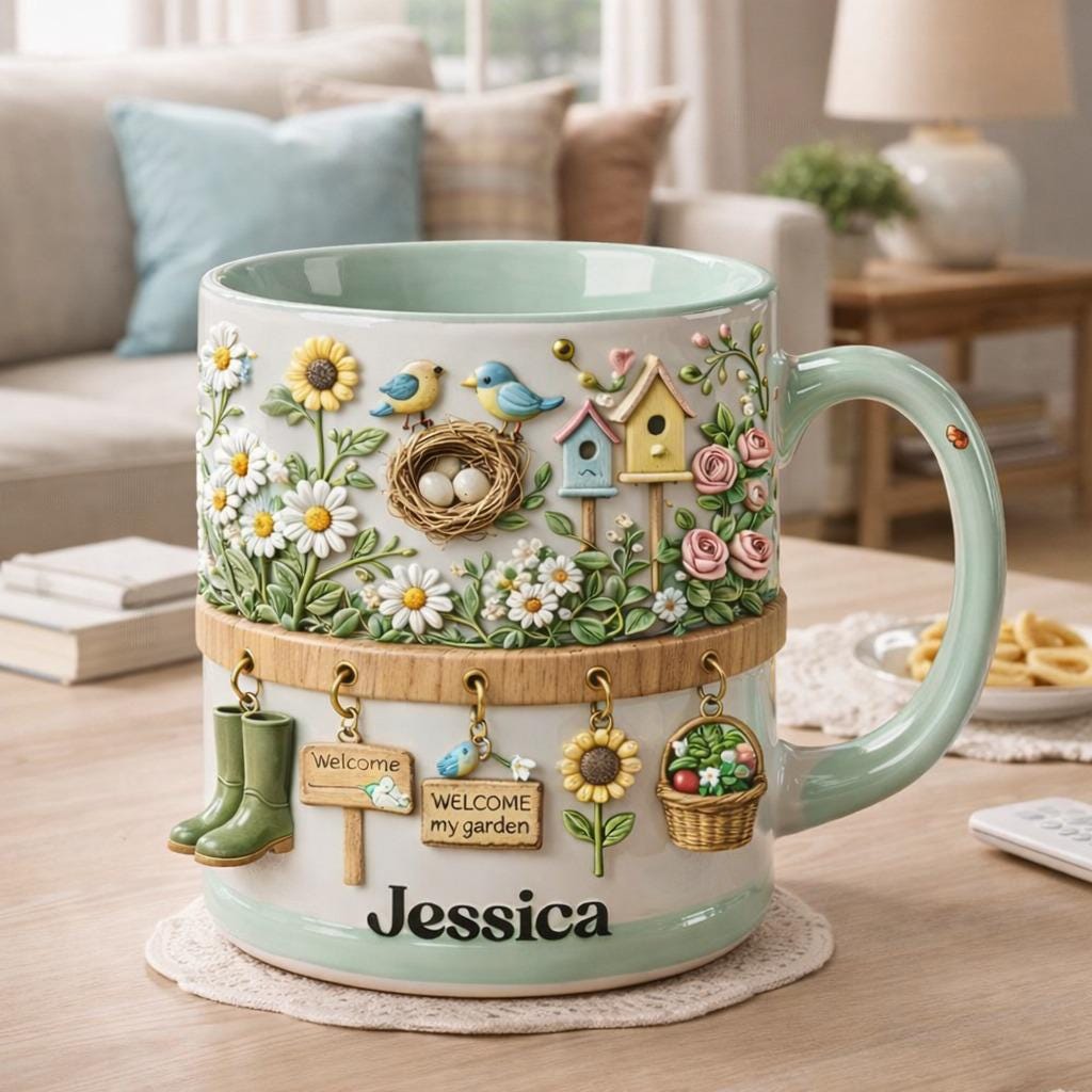 Personalized Garden Coffee Mug, Custom Name Floral Bird Mug, Cottagecore Gardening Gift for Her