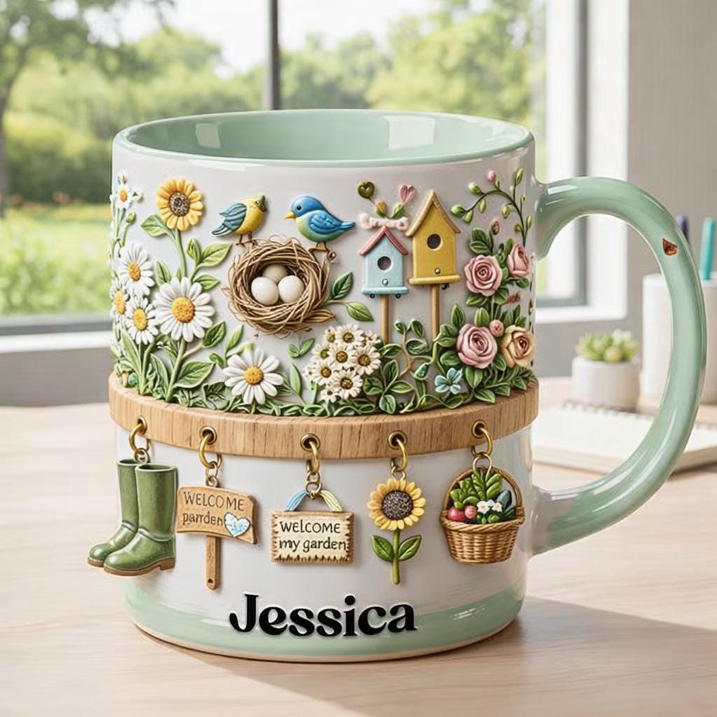 Personalized Garden Coffee Mug, Custom Name Floral Bird Mug, Cottagecore Gardening Gift for Her