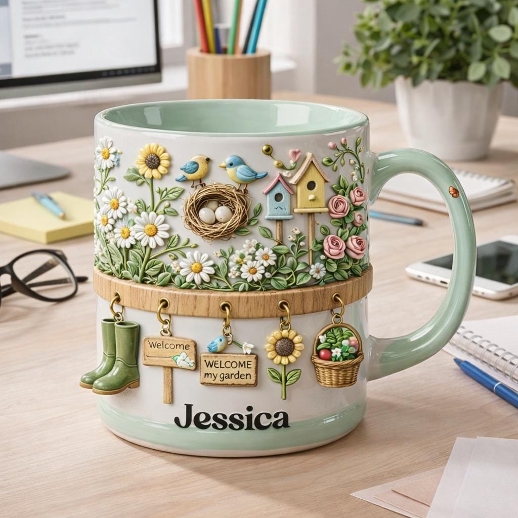 Personalized Garden Coffee Mug, Custom Name Floral Bird Mug, Cottagecore Gardening Gift for Her