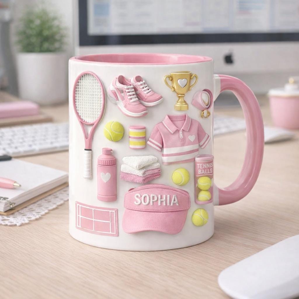 Personalized Tennis Mug, Custom Name Tennis Coffee Mug, Pink Tennis Lover Gift, Tennis Player Gift for Women Girls
