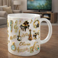 Personalized Music Coffee Mug, Custom Name Musician Mug, Piano Guitar Violin Drum Mic Cup, Music Lover Gift