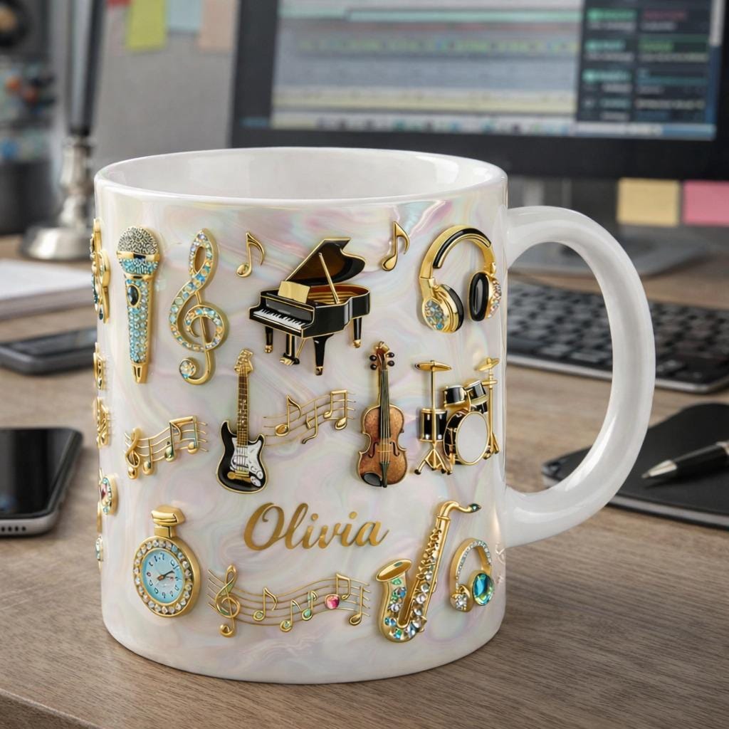 Personalized Music Coffee Mug, Custom Name Musician Mug, Piano Guitar Violin Drum Mic Cup, Music Lover Gift