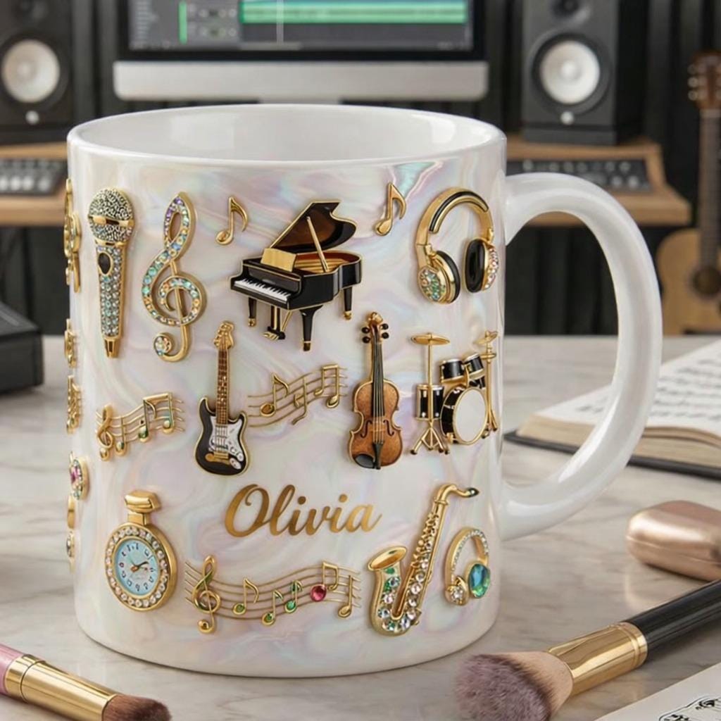 Personalized Music Coffee Mug, Custom Name Musician Mug, Piano Guitar Violin Drum Mic Cup, Music Lover Gift