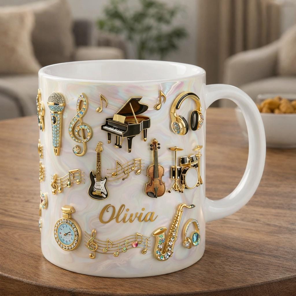 Personalized Music Coffee Mug, Custom Name Musician Mug, Piano Guitar Violin Drum Mic Cup, Music Lover Gift