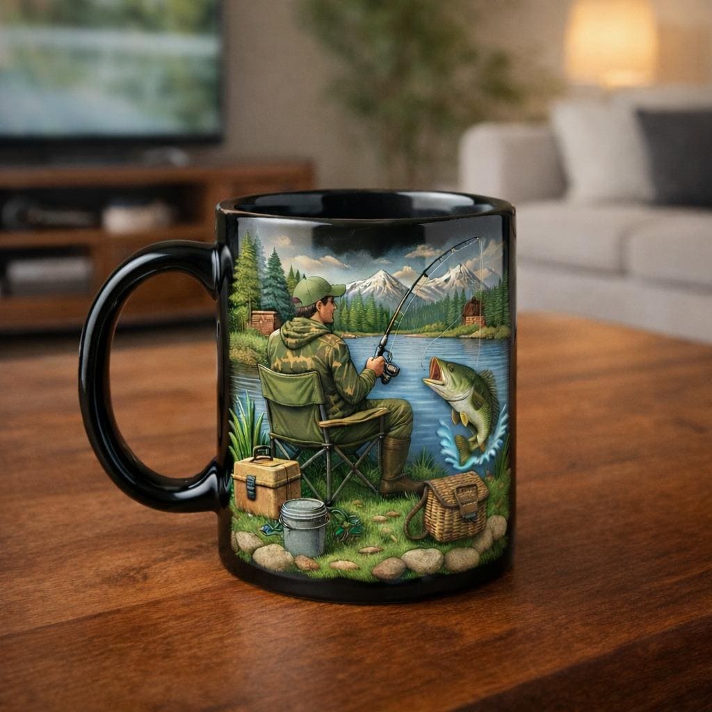 Fishing Coffee Mug, Angler Lake Scene Mug, Bass Fishing Illustration Cup, Fisherman Gift for Dad Husband