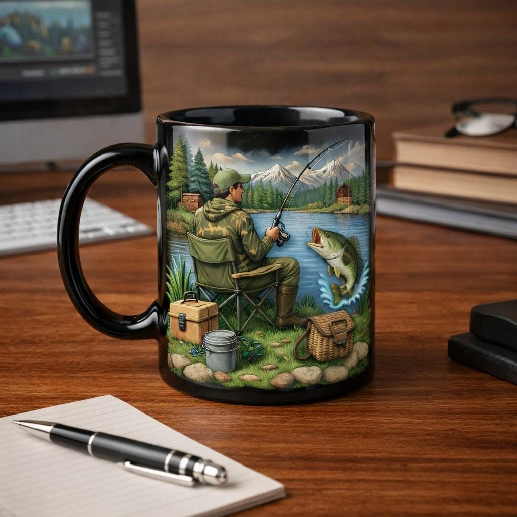 Fishing Coffee Mug, Angler Lake Scene Mug, Bass Fishing Illustration Cup, Fisherman Gift for Dad Husband