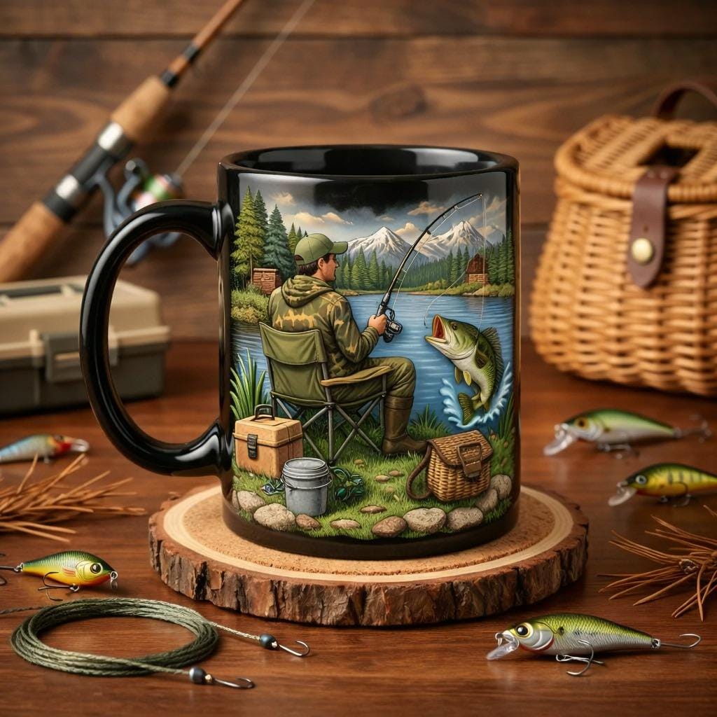 Fishing Coffee Mug, Angler Lake Scene Mug, Bass Fishing Illustration Cup, Fisherman Gift for Dad Husband
