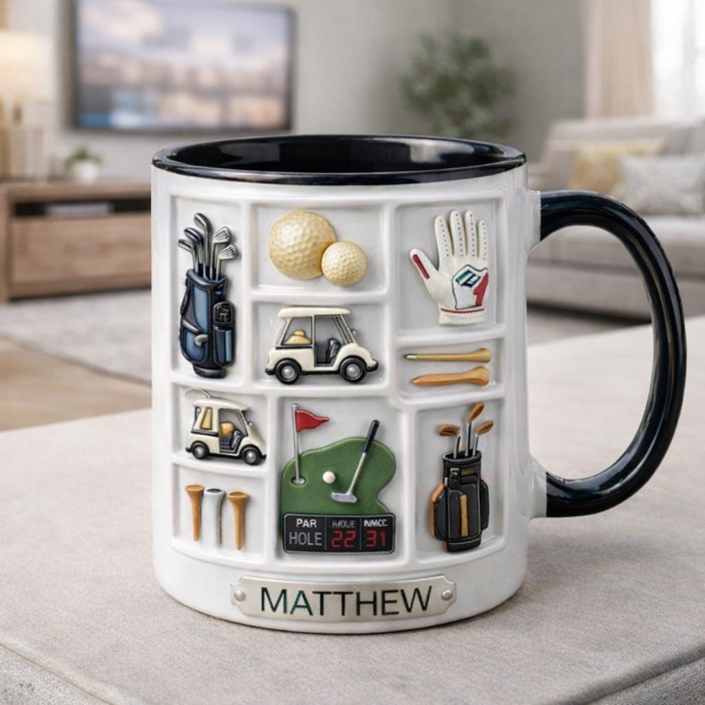 Personalized Golf Coffee Mug, Custom Name Golfer Mug, Golf Gear Illustration Cup, Golf Lover Gift for Dad Husband
