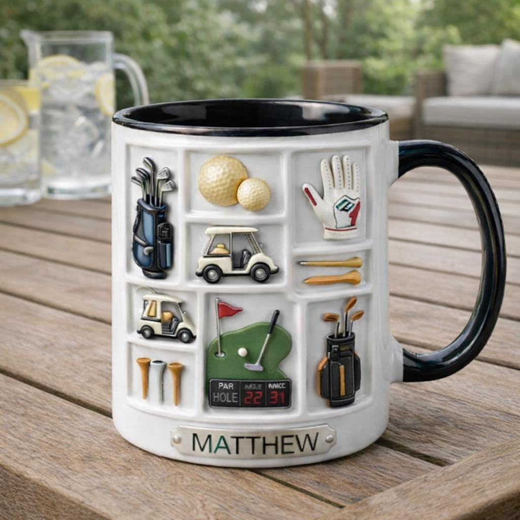 Personalized Golf Coffee Mug, Custom Name Golfer Mug, Golf Gear Illustration Cup, Golf Lover Gift for Dad Husband