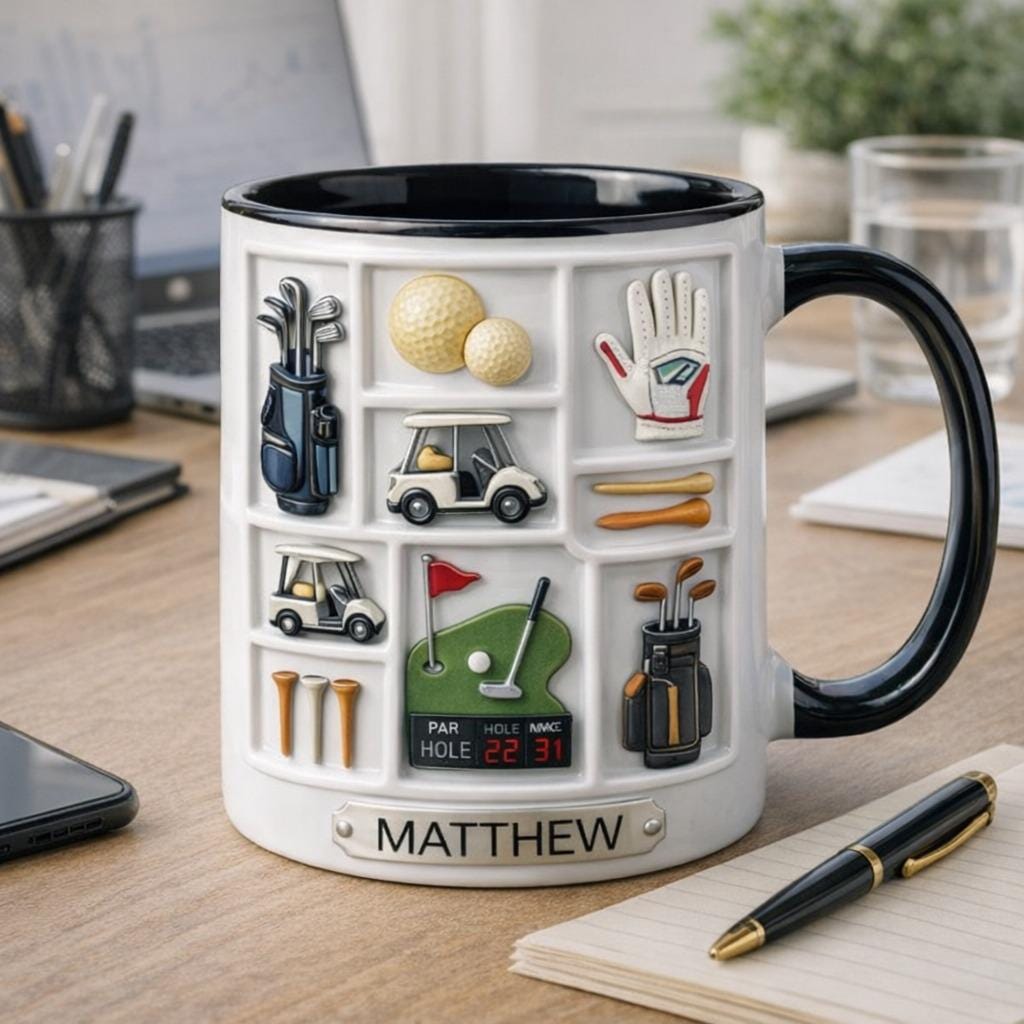 Personalized Golf Coffee Mug, Custom Name Golfer Mug, Golf Gear Illustration Cup, Golf Lover Gift for Dad Husband