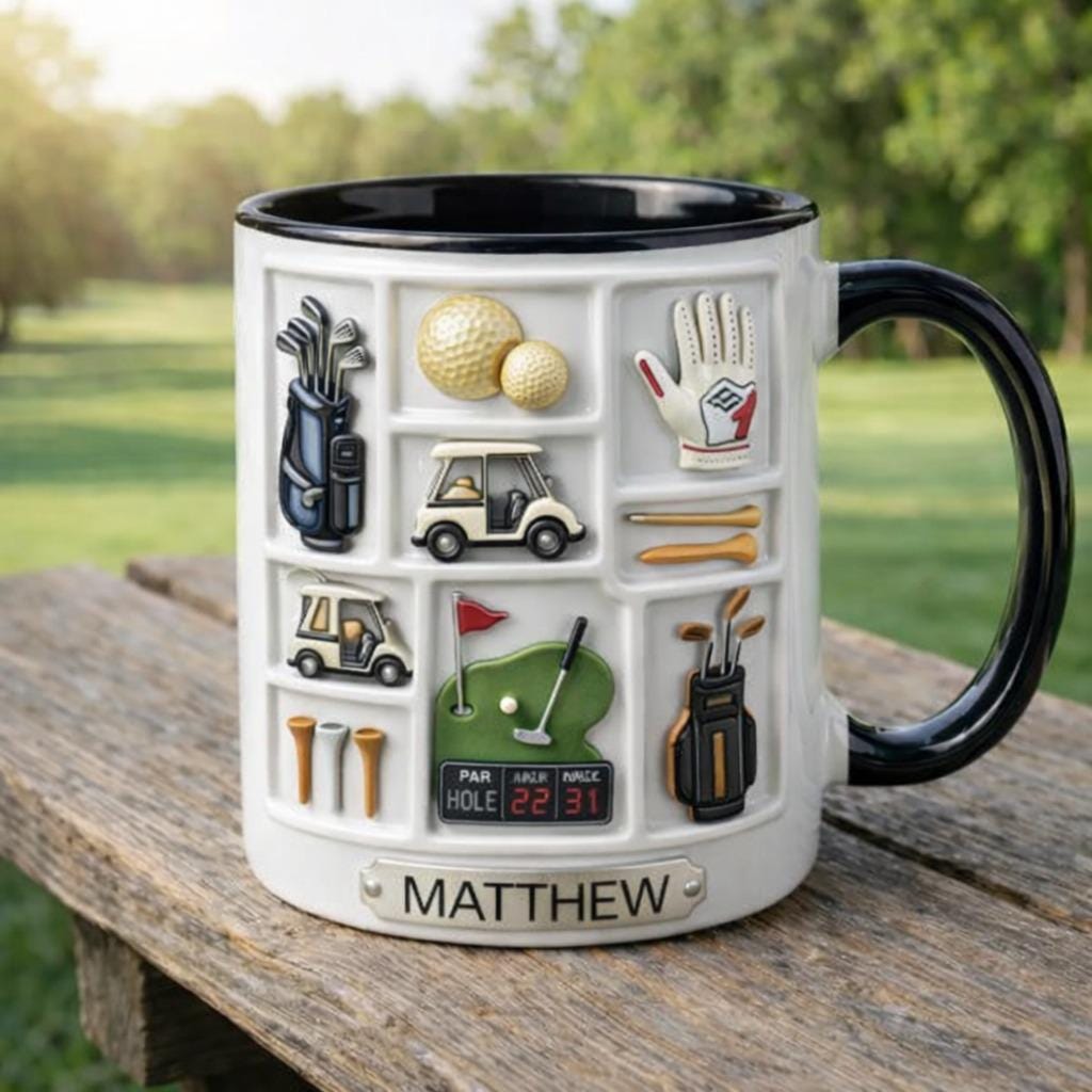 Personalized Golf Coffee Mug, Custom Name Golfer Mug, Golf Gear Illustration Cup, Golf Lover Gift for Dad Husband