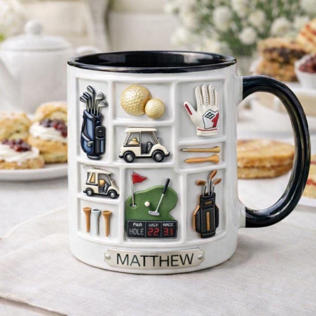 Personalized Golf Coffee Mug, Custom Name Golfer Mug, Golf Gear Illustration Cup, Golf Lover Gift for Dad Husband