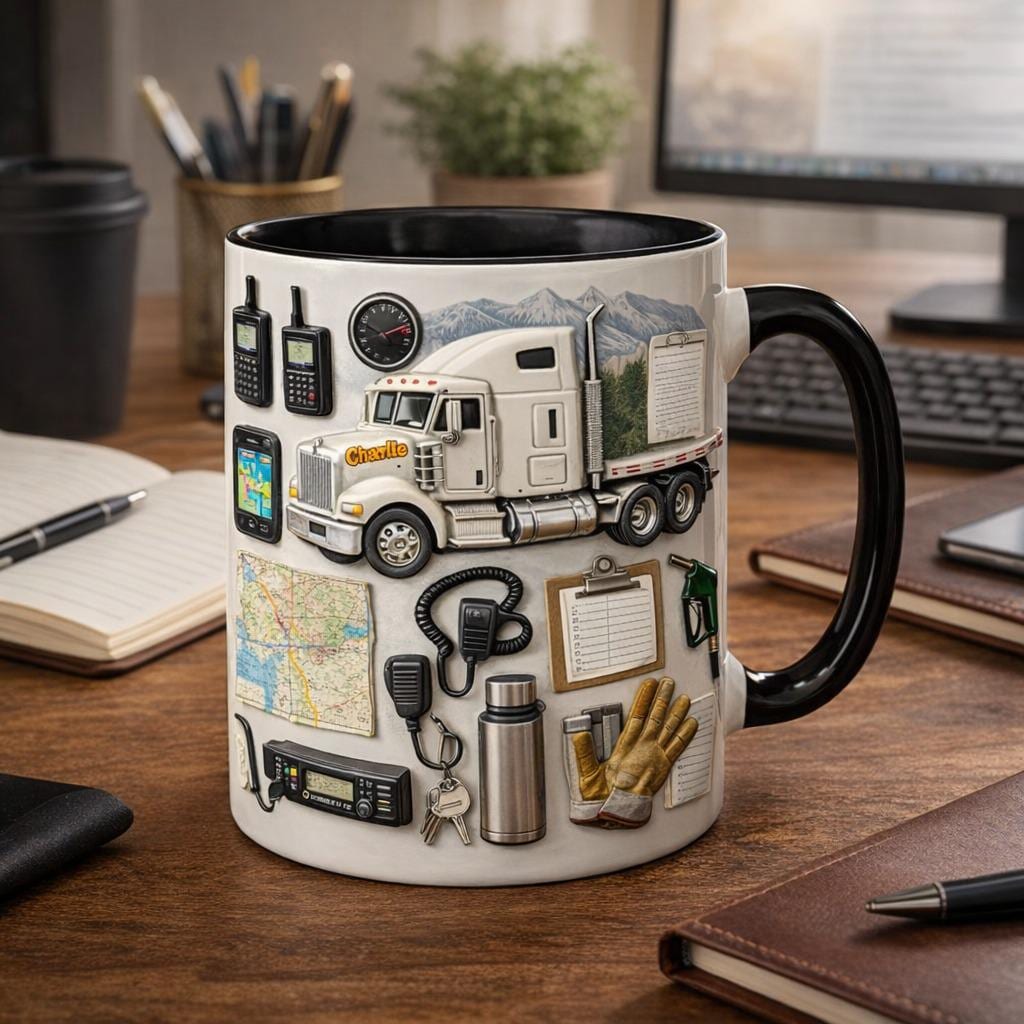 Personalized Truck Driver Coffee Mug, Custom Name Semi Truck Mug, Trucker Gear Illustration Cup, Gift for Truckers Dad Husband