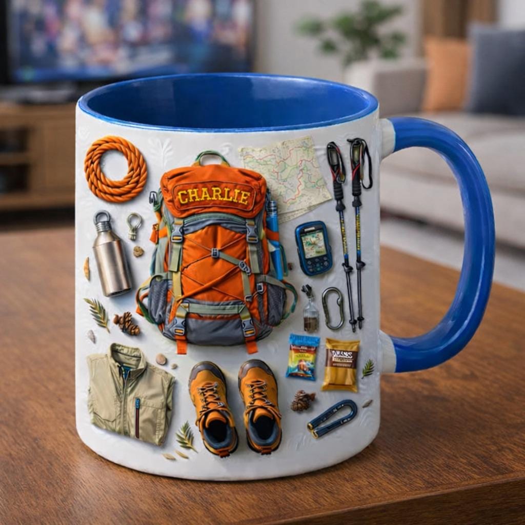Personalized Hiking Coffee Mug, Custom Name Backpacking Mug, Outdoor Adventure Gear Cup, Hiking Gift for Him
