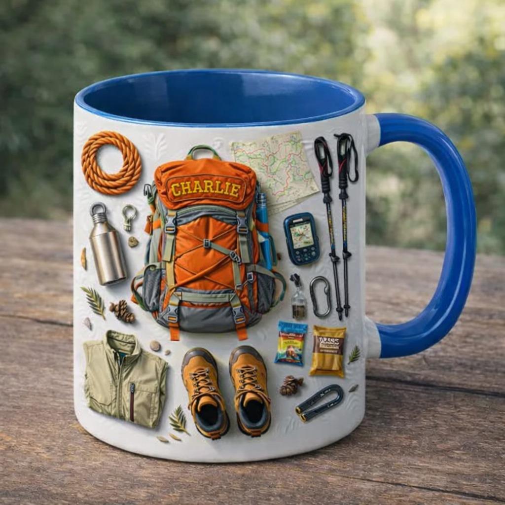 Personalized Hiking Coffee Mug, Custom Name Backpacking Mug, Outdoor Adventure Gear Cup, Hiking Gift for Him