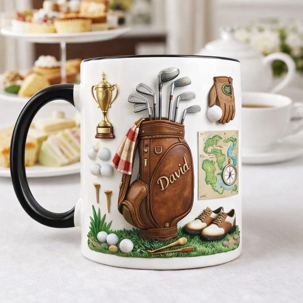 Personalized Golf Bag Coffee Mug, Custom Name Golfer Mug, Golf Clubs Illustration Cup, Golf Lover Gift for Dad Husband