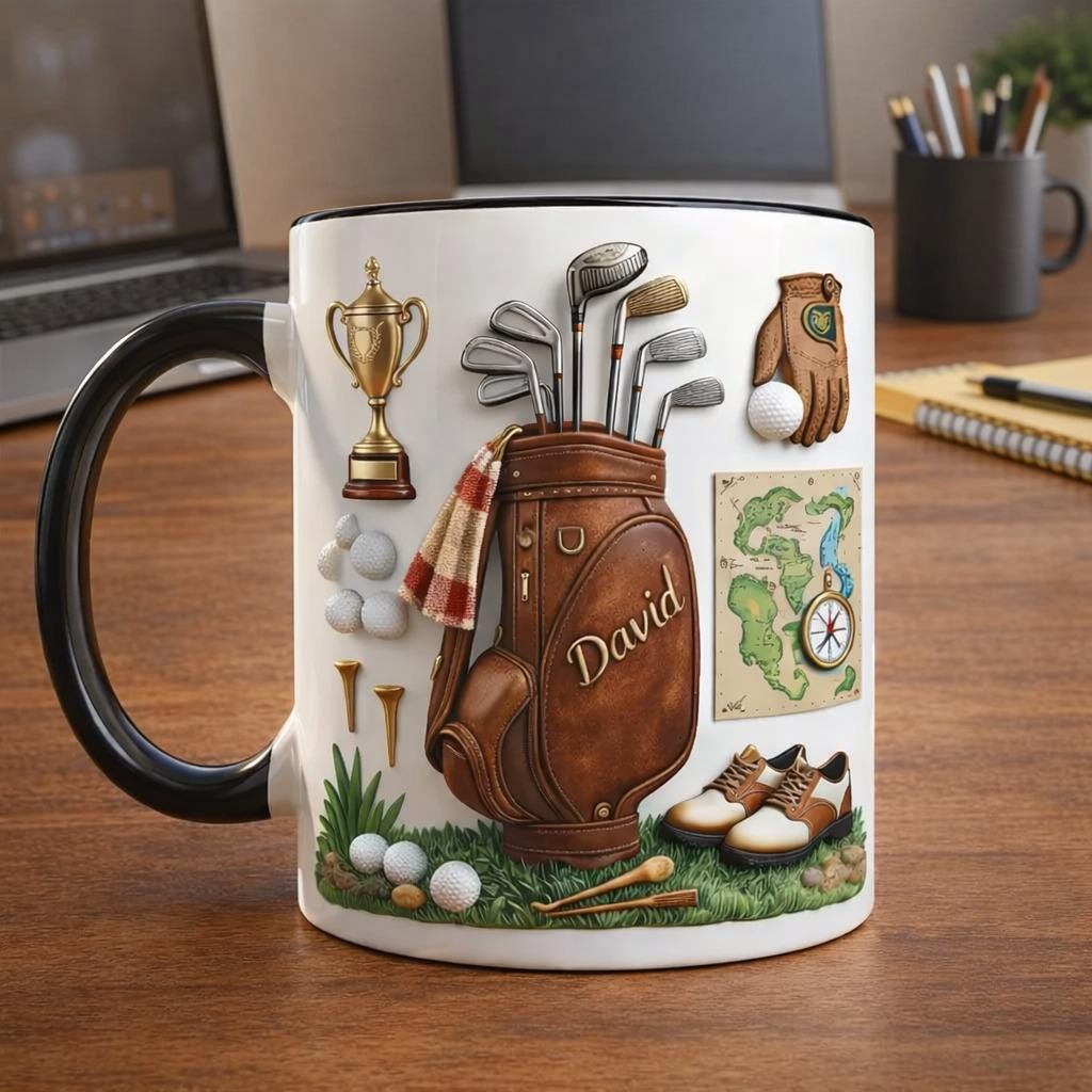 Personalized Golf Bag Coffee Mug, Custom Name Golfer Mug, Golf Clubs Illustration Cup, Golf Lover Gift for Dad Husband