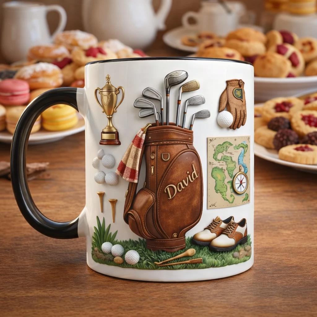 Personalized Golf Bag Coffee Mug, Custom Name Golfer Mug, Golf Clubs Illustration Cup, Golf Lover Gift for Dad Husband