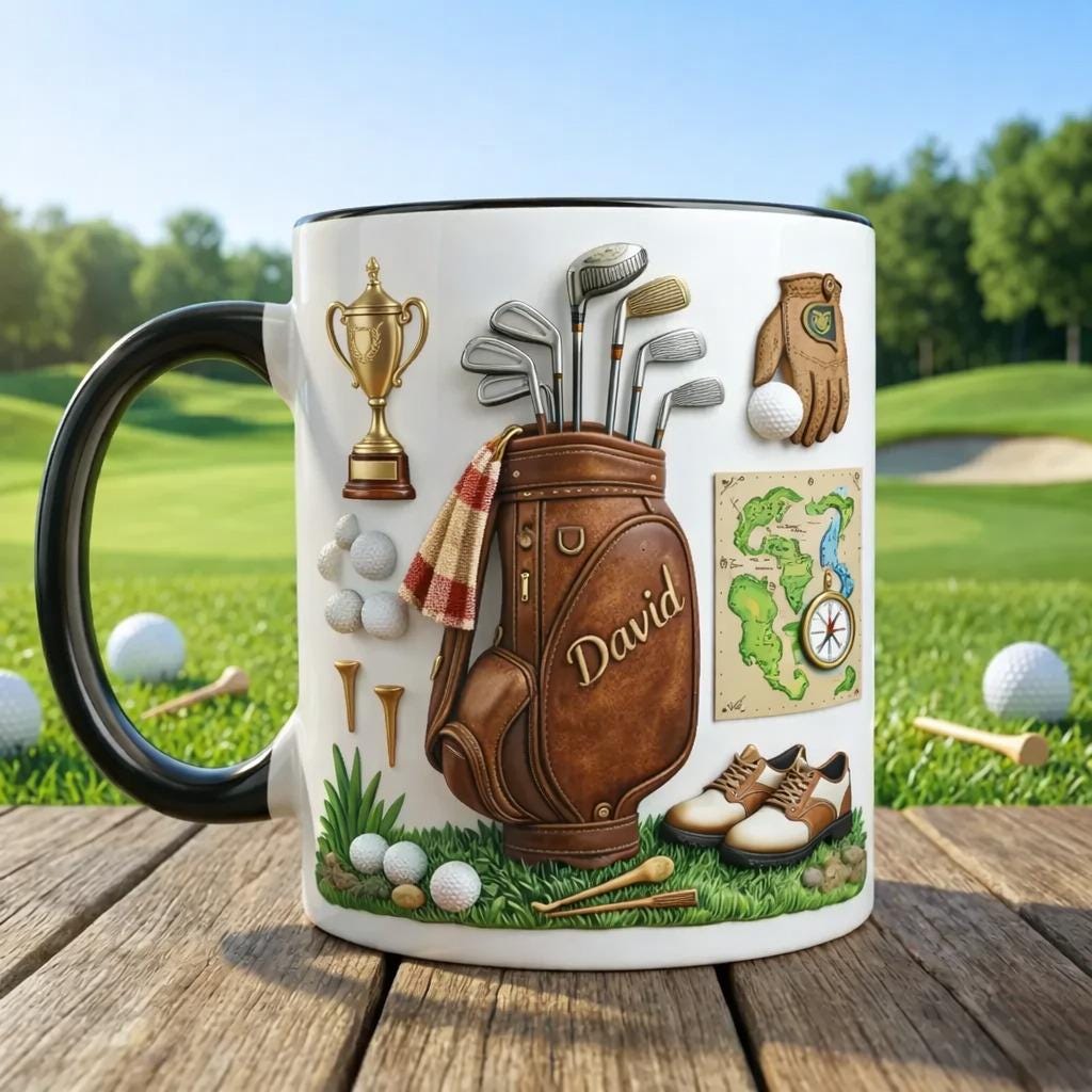 Personalized Golf Bag Coffee Mug, Custom Name Golfer Mug, Golf Clubs Illustration Cup, Golf Lover Gift for Dad Husband