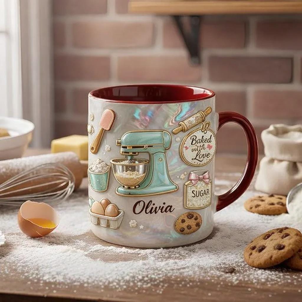 Personalized Baking Mug with Name, Custom Baker Ceramic Coffee Cup, Baked with Love Mug, Gift for Baker, Baking Lover Gift