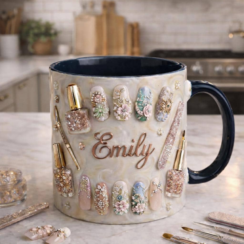 Personalized Nail Tech Mug with Name, Luxury Nail Art Ceramic Coffee Cup, Manicurist Gift, Nail Artist Gift for Her