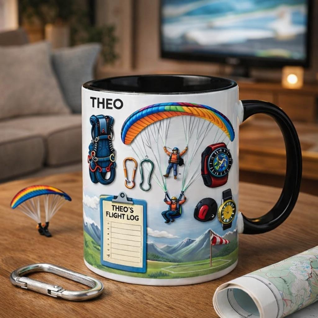Personalized Paragliding Coffee Mug, Custom Name Paraglider Mug, Paragliding Gear Illustration Cup, Adventure Gift for Him