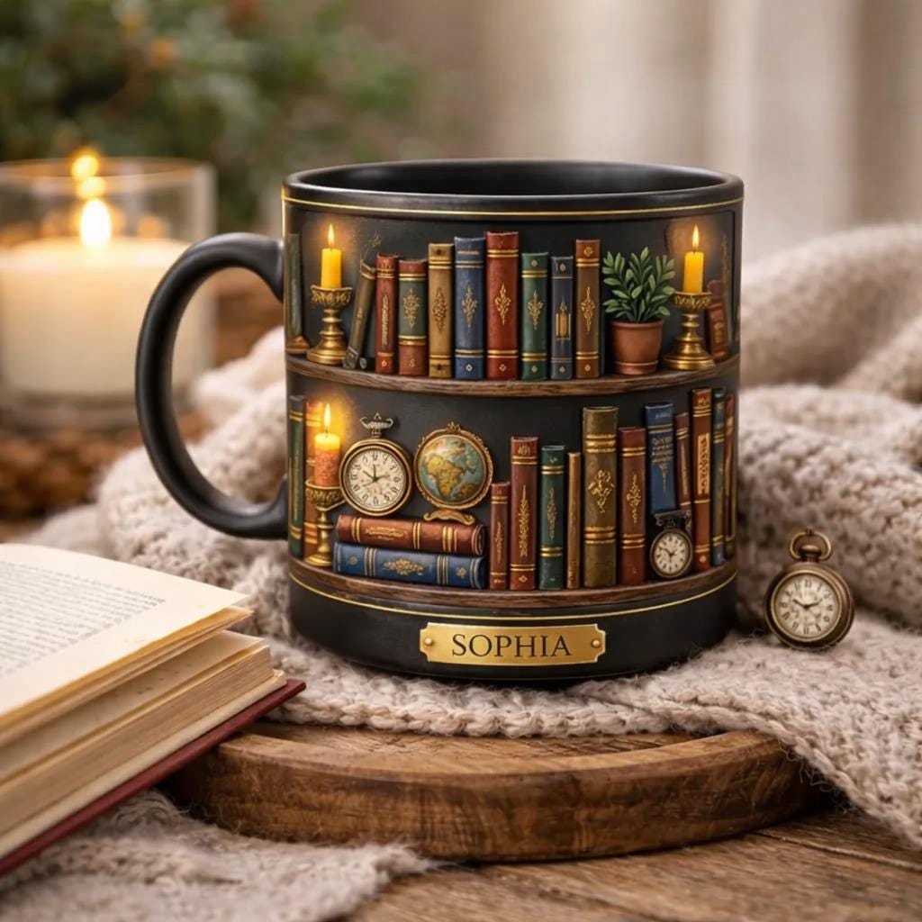 Personalized Book Lover Mug, Custom Name Library Bookshelf Coffee Mug, Vintage Bookish Gift for Readers, Writer Gift
