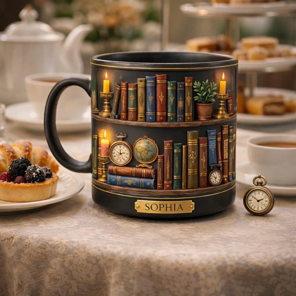 Personalized Book Lover Mug, Custom Name Library Bookshelf Coffee Mug, Vintage Bookish Gift for Readers, Writer Gift