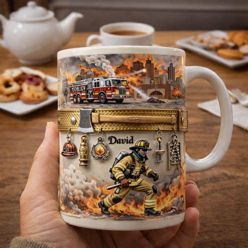 Personalized Firefighter Mug, Custom Name Fireman Coffee Mug, Firefighter Gear Gift, First Responder Fire Dept Cup
