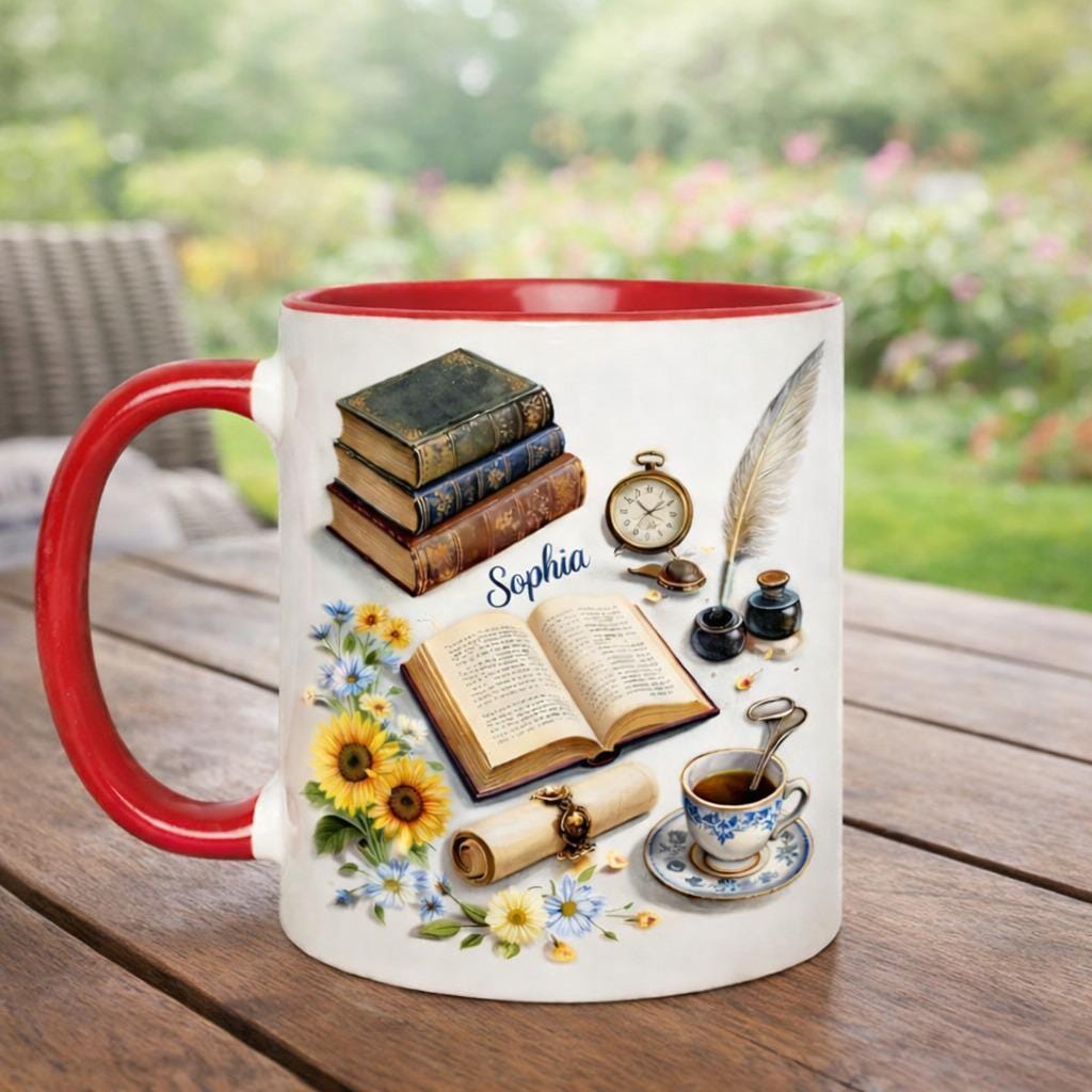 Personalized Book Lover Mug, Custom Name Reading Coffee Mug, Vintage Books Tea Cup, Gift for Readers & Writers