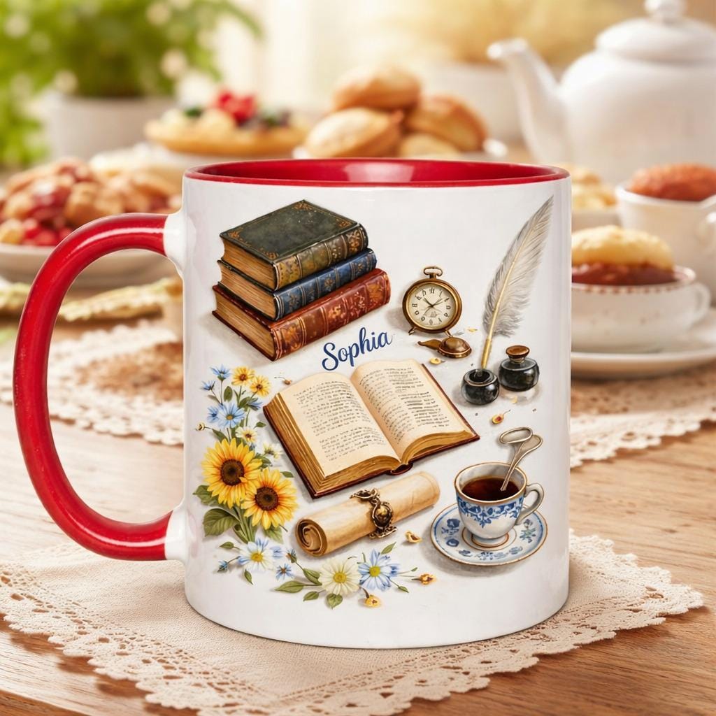 Personalized Book Lover Mug, Custom Name Reading Coffee Mug, Vintage Books Tea Cup, Gift for Readers & Writers